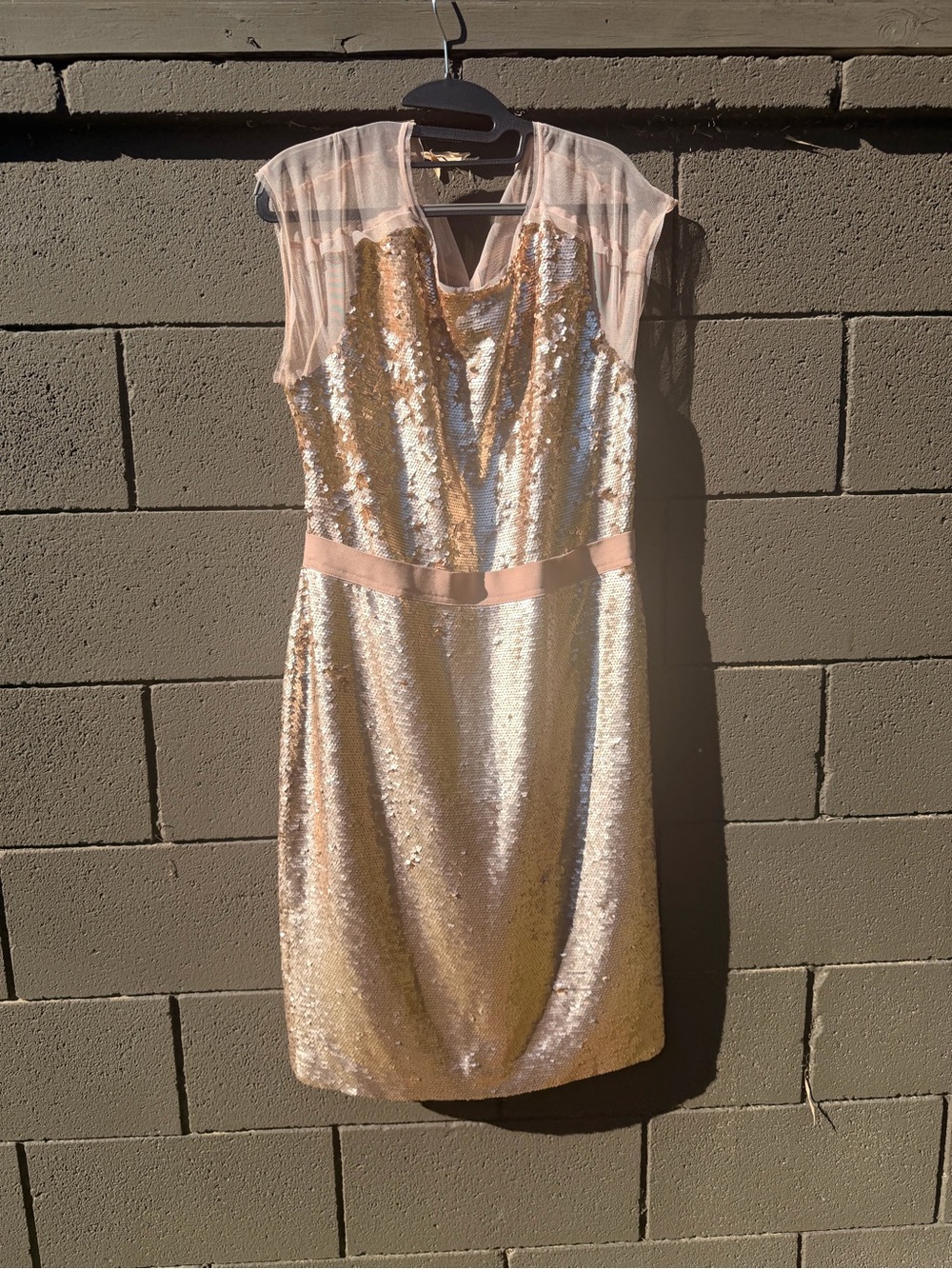 BCBG Sleeveless Gold Sequin Cocktail Dress with Sheer Yoke